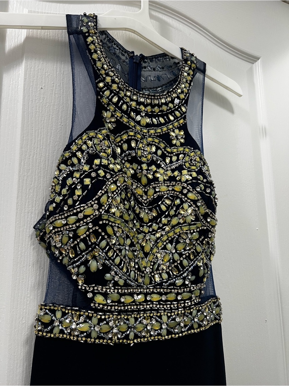 Aspeed Navy Blue Satin Evening Dress with Gold Label